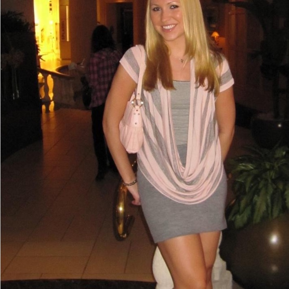 Pink and grey Mandee’s cowl neck sweater top